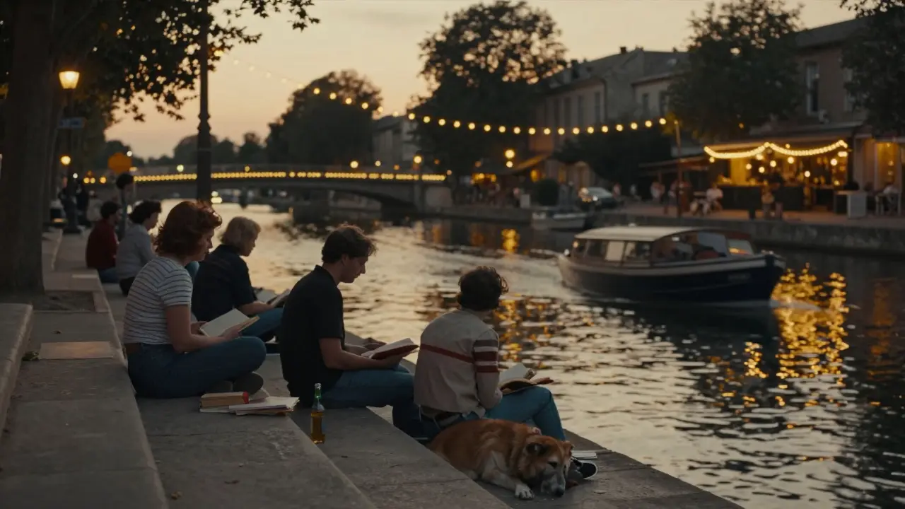 Canal Saint-Martin at dusk, string lights on water, locals sitting on steps with beer and books.