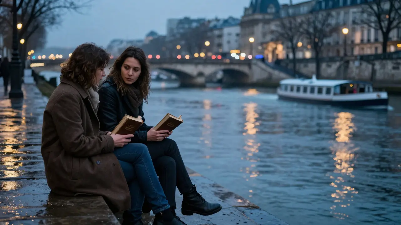 Couple on stone steps by the Seine holding books, rain-damp coats, reflections of Pont Neuf lights on water at dusk.