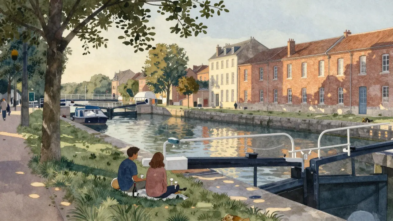 Couples relaxing on grass near Canal Saint-Martin with wine, trees leaning over calm water at dusk.