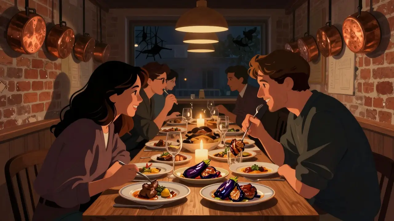 Couples sharing plates at a long wooden table in a vibrant Paris restaurant with candlelit intimacy.