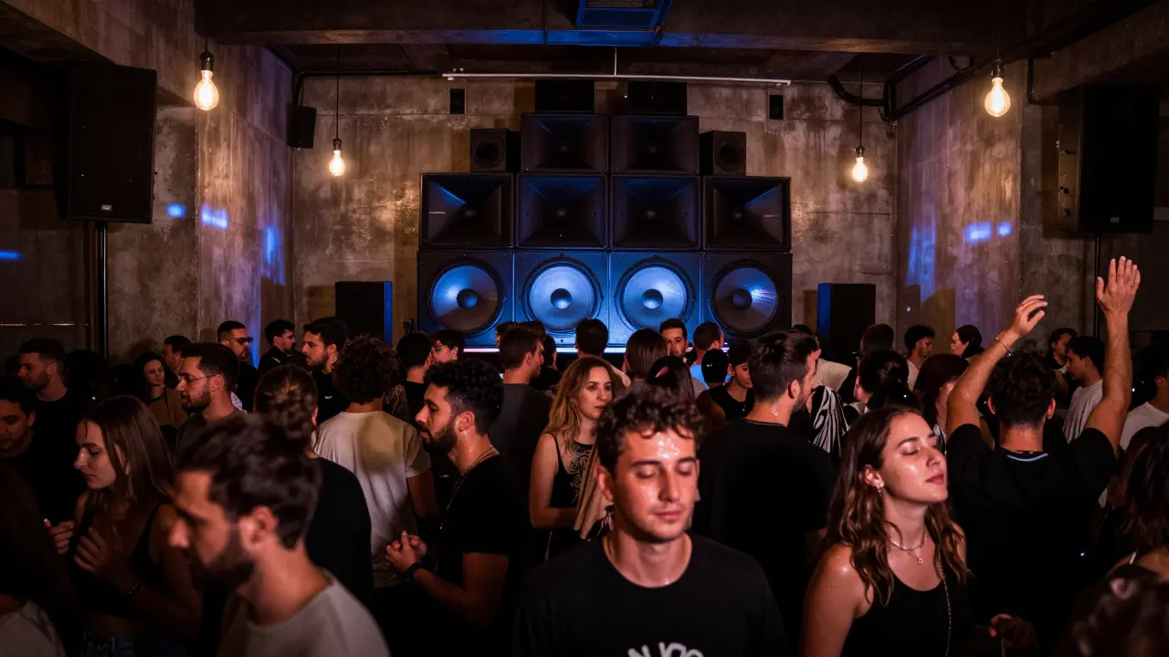 Crowd dancing in a concrete club under strobe lights, surrounded by massive sound systems with no VIP area.