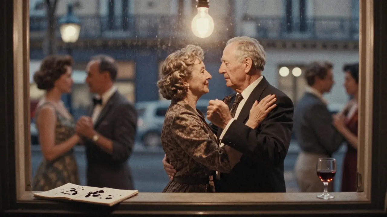 Elderly couple dancing softly in a dimly lit club, surrounded by blurred patrons and a notebook by the window.