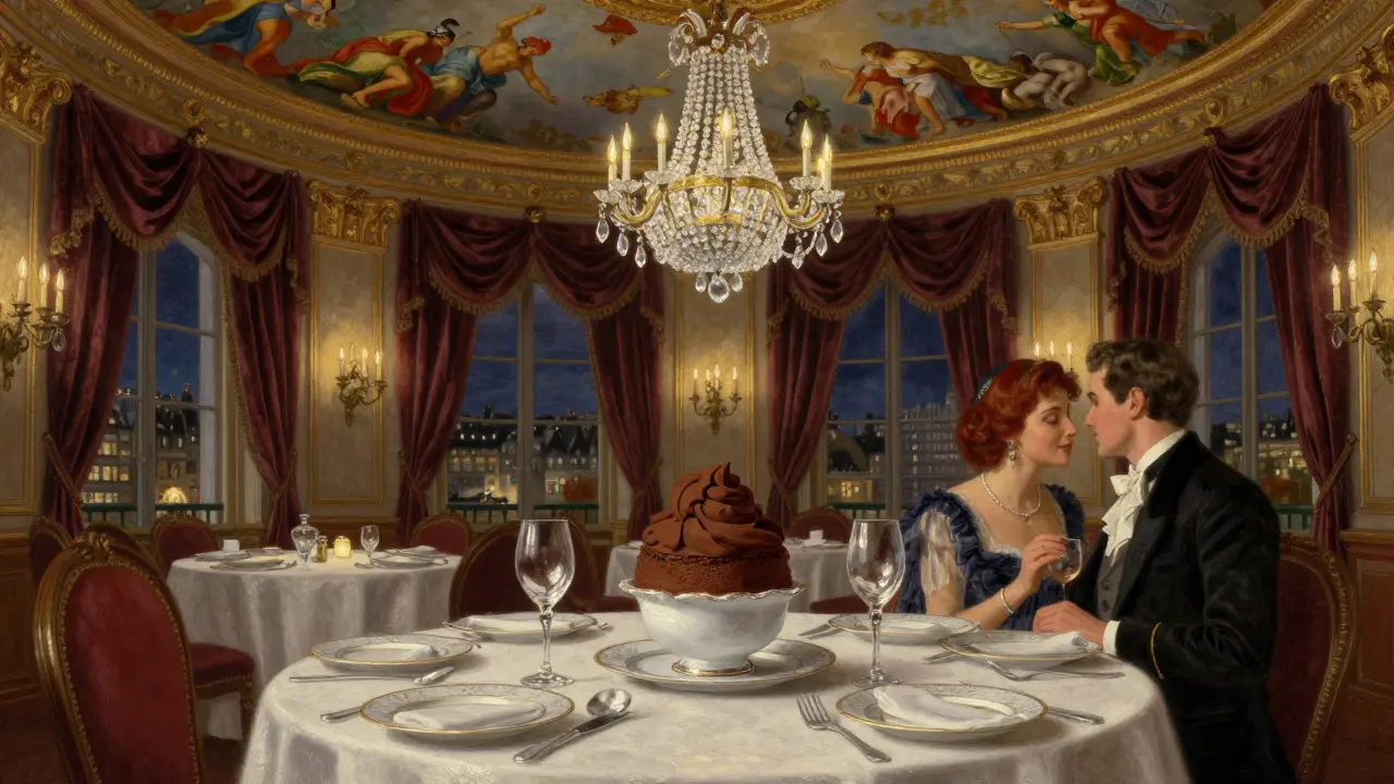 Elegant couple in a gilded 18th-century Paris dining room, surrounded by chandeliers and mythological frescoes.