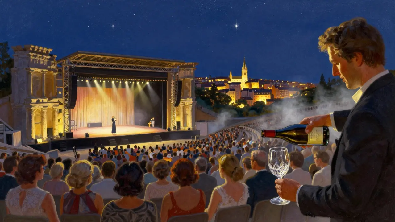 Françoise Hardy performing in an ancient Roman amphitheater under stars with Lyon glowing behind.