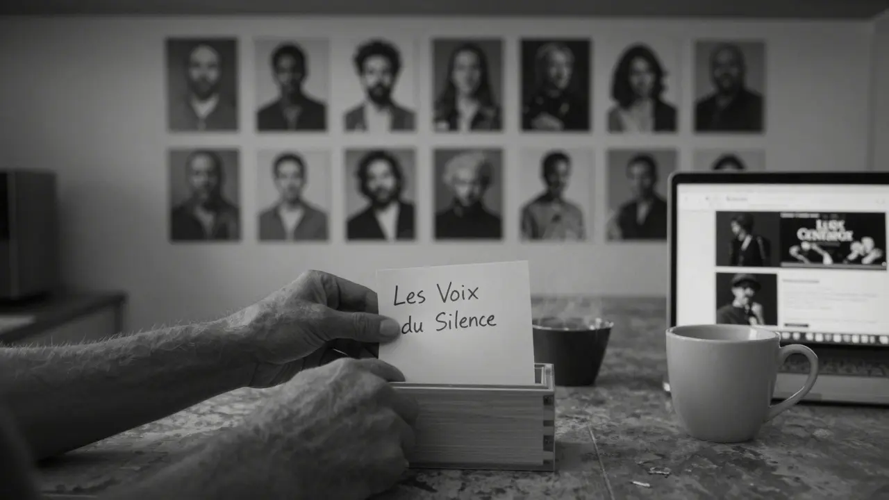 Greg Centauro's hands placing a note into a wooden box labeled 'Les Voix du Silence' on a kitchen table, shadows of performers behind.