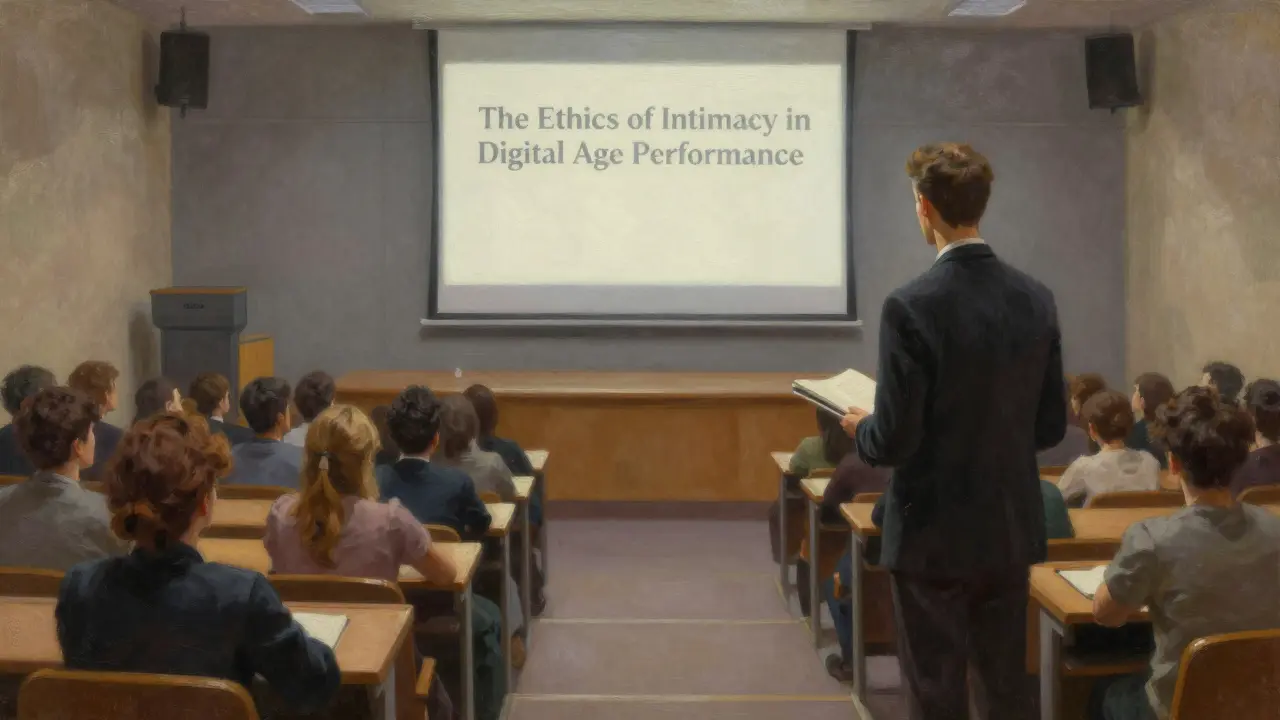 Greg Centauro standing quietly in a Sorbonne lecture hall as students listen intently to his talk on intimacy and ethics.