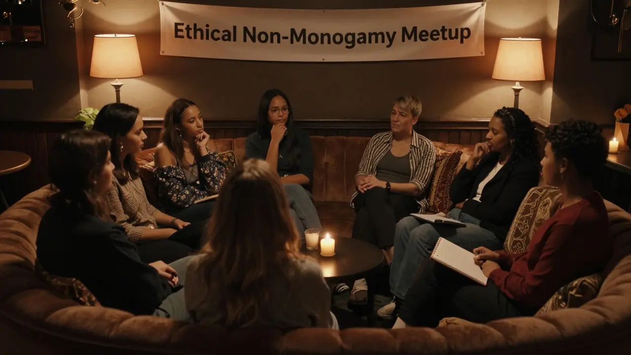 Group of people in a dimly lit private club engaged in a discussion about ethical non-monogamy, seated in a circle.
