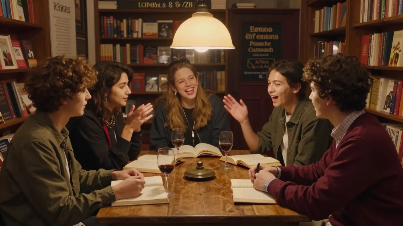 Group of young adults at Shakespeare &amp; Company bookstore, laughing over books and wine, warm lamp light, shelves in background.
