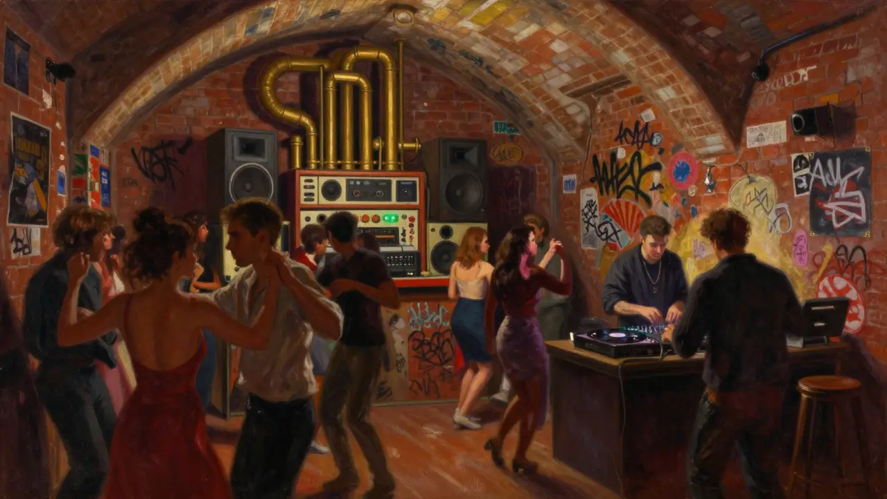 Inside La Bellevilloise, a crowd dances under a vaulted ceiling with exposed brick and vintage sound equipment.