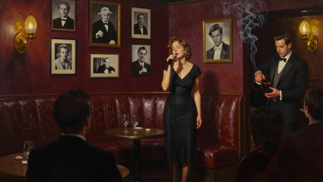 Intimate interior of Chez Castel with a woman singing on a small stage under warm lamplight and vintage photos.