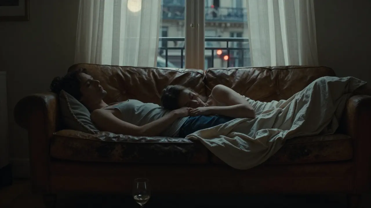 Intimate moment in a Paris apartment: two people lying quietly on a couch under moonlight, no nudity, only tenderness.