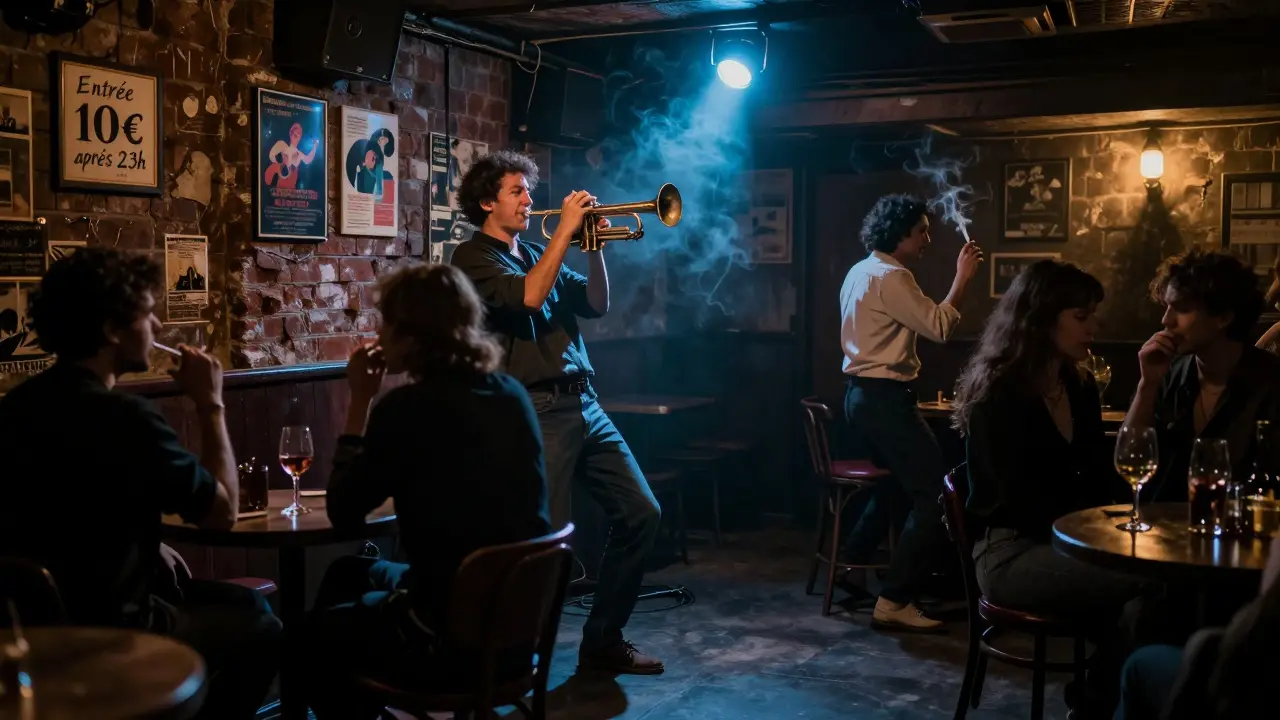 Jazz musician performing in a dim, intimate Paris club with patrons listening intently under warm lighting.