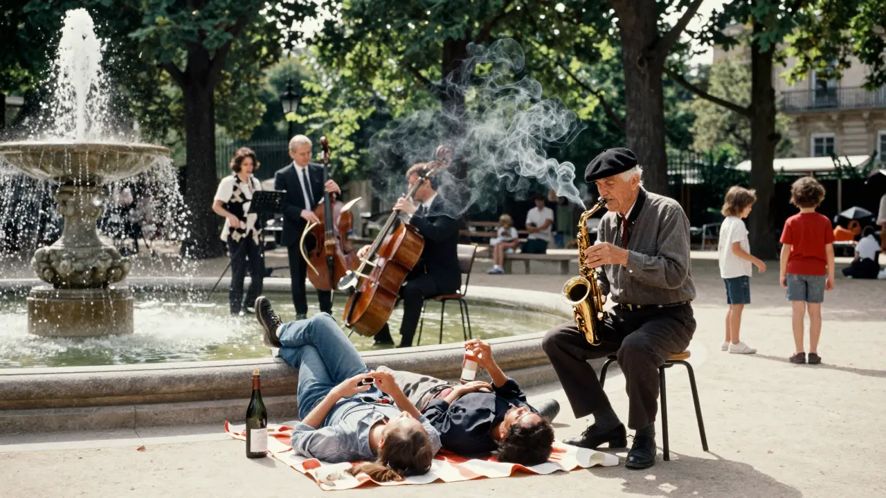 Jazz trio plays near a fountain in Luxembourg Gardens as couples relax with wine and espresso.