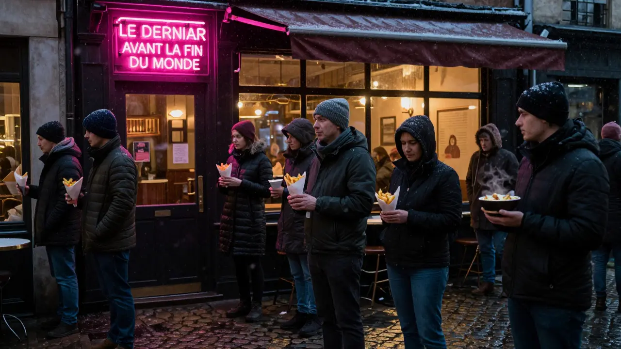 Locals waiting in line outside a neon-lit Paris restaurant at 3 a.m., holding frites and gratin, snow falling on wet cobblestones.