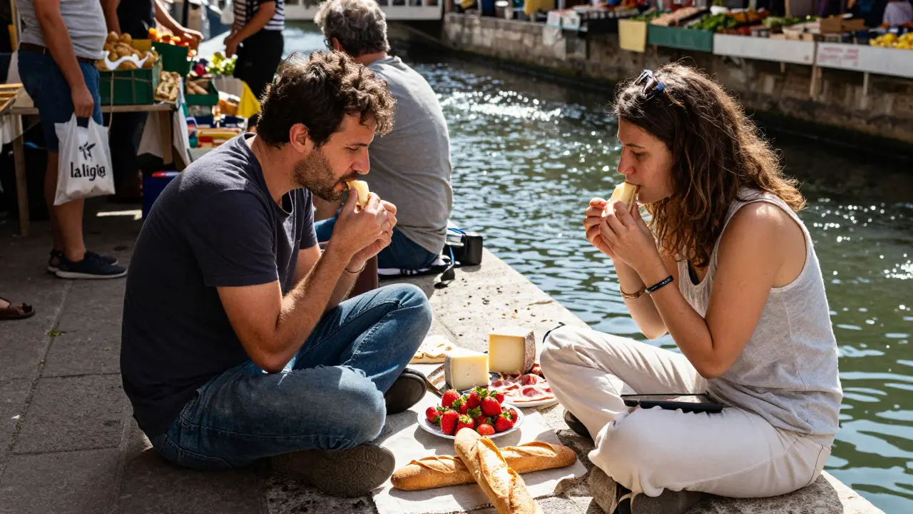 Man and woman eating fresh cheese and strawberries by a canal at Marché d’Aligre market, no devices in sight.