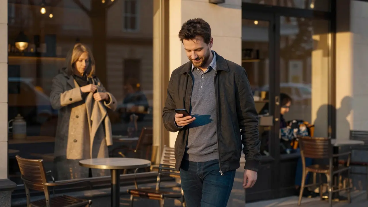 Man walking away from café at dusk, texting one message, woman inside preparing to leave, golden hour light.