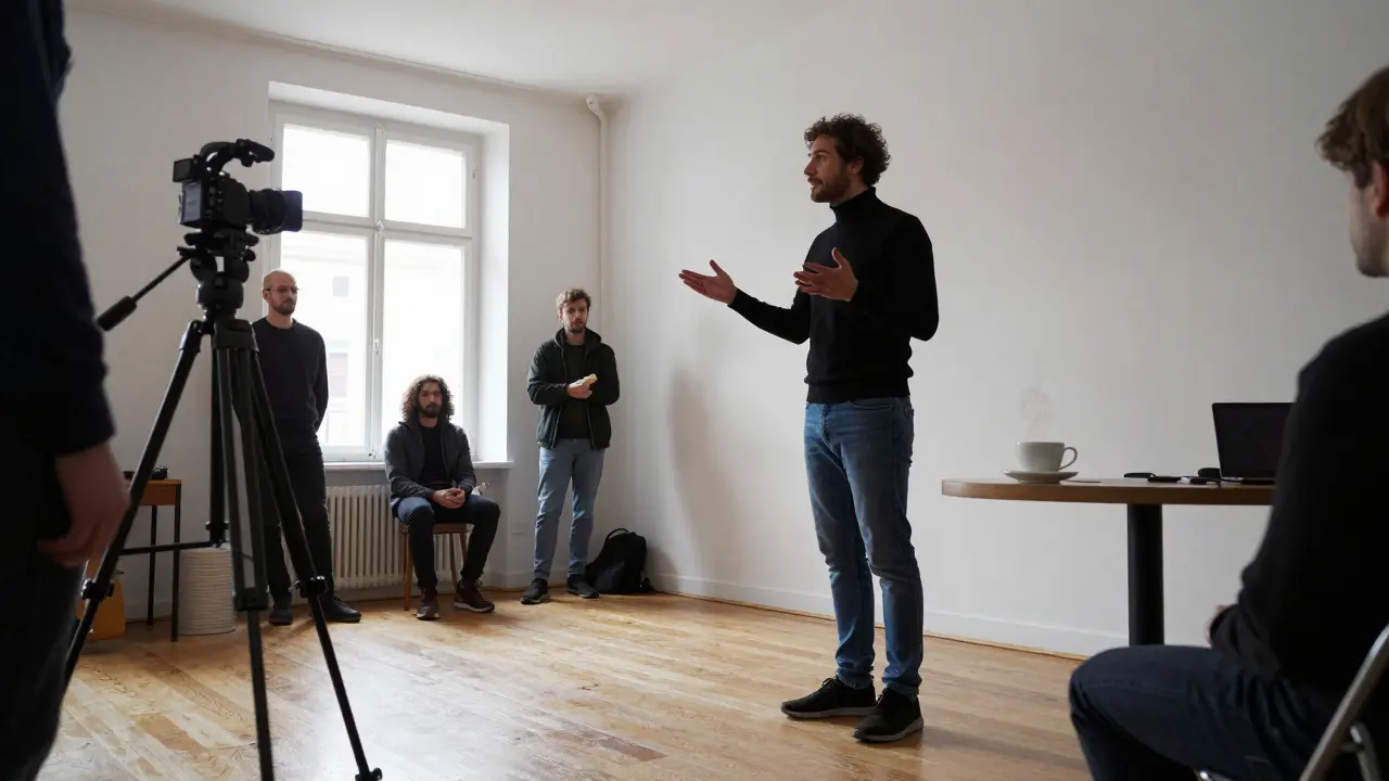 Manuel directing a quiet film scene in a simple apartment studio, natural light, minimal equipment, focused atmosphere.