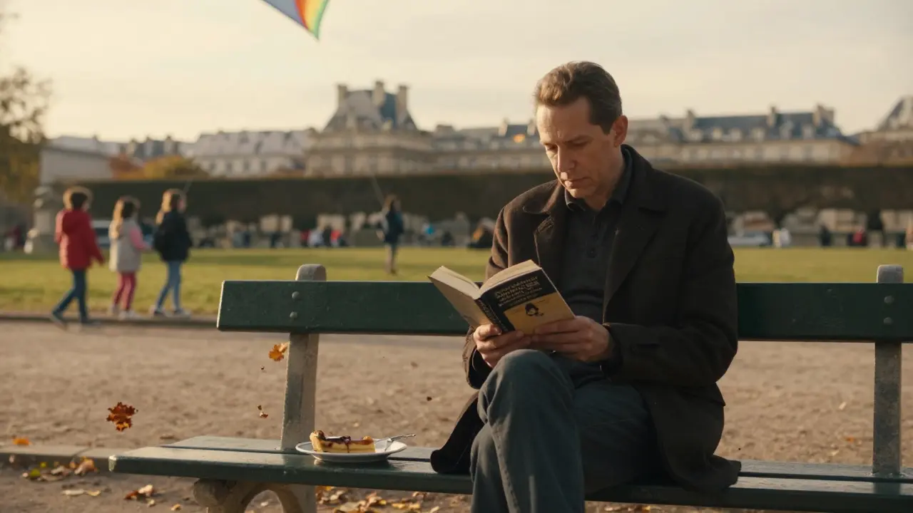 Manuel reading on a park bench in Luxembourg Gardens, autumn leaves around him, kites flying in the soft afternoon light.