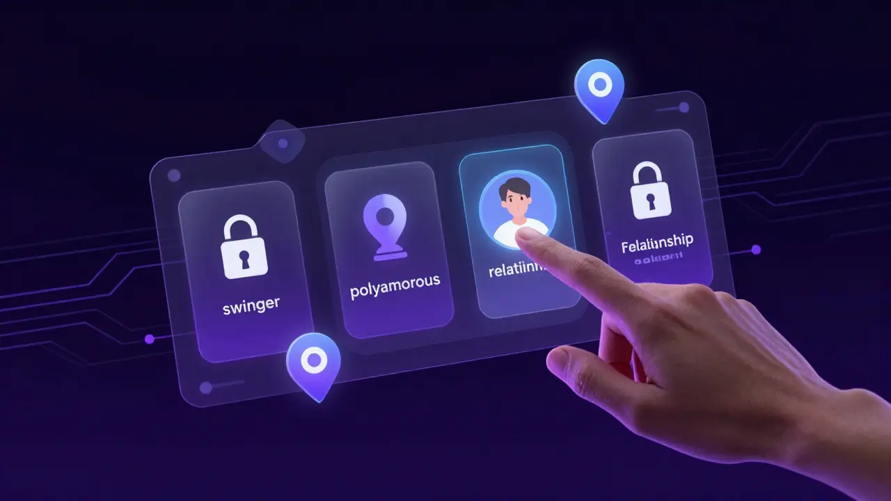 Minimalist digital interface showing consent-based relationship filters and encrypted privacy symbols on a dark background.
