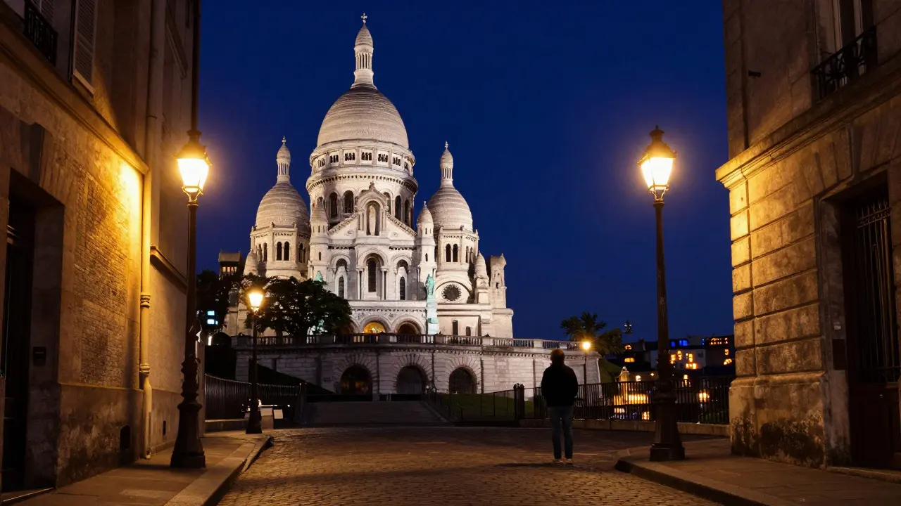 Montmartre alley at midnight, Sacré-Cœur glowing above, lone figure overlooking city lights.