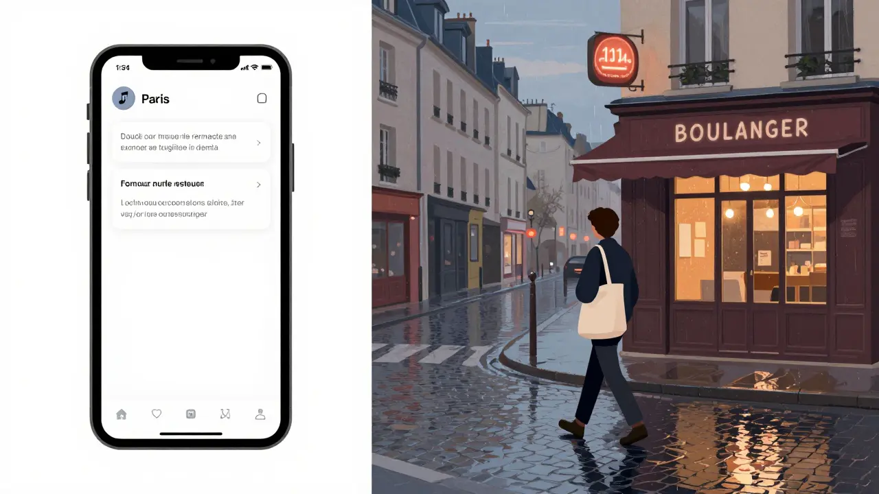 Parisian dating app interface on phone beside a quiet 11th arrondissement street at dusk, no photos, rain-slicked cobblestones.