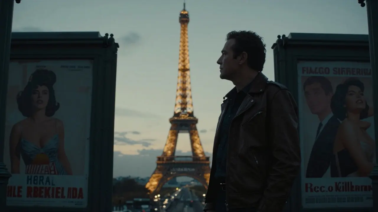 Rocco Siffredi in silhouette before the Eiffel Tower at dusk, surrounded by vintage adult film posters on a subway wall.