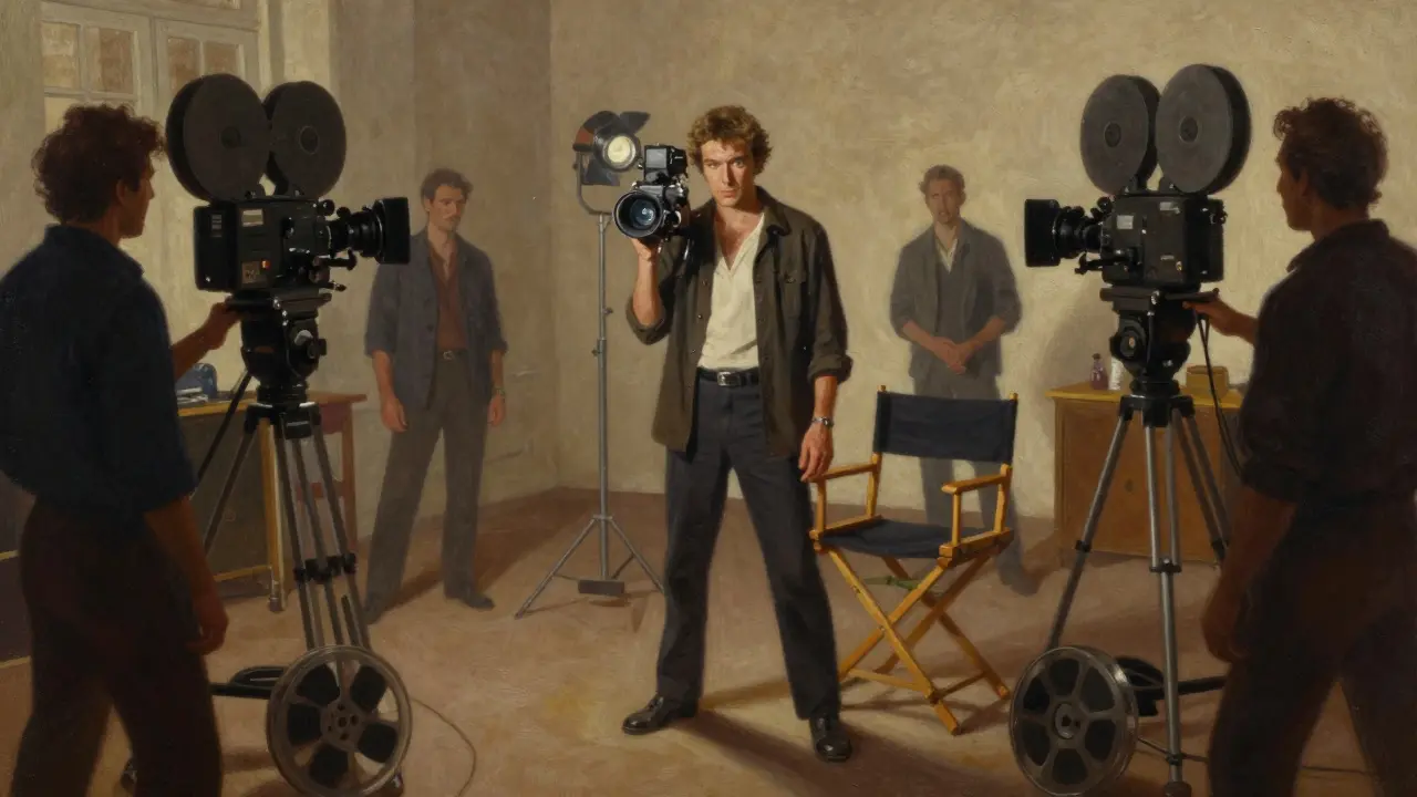 Rocco Siffredi on a 1990s French adult film set, lit by a single spotlight, surrounded by vintage equipment.