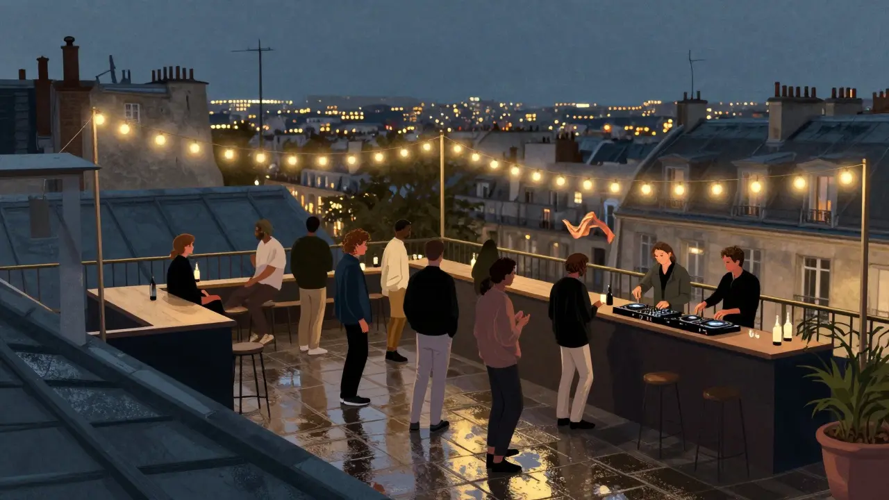 Rooftop club at night with string lights and city skyline, people moving to house music