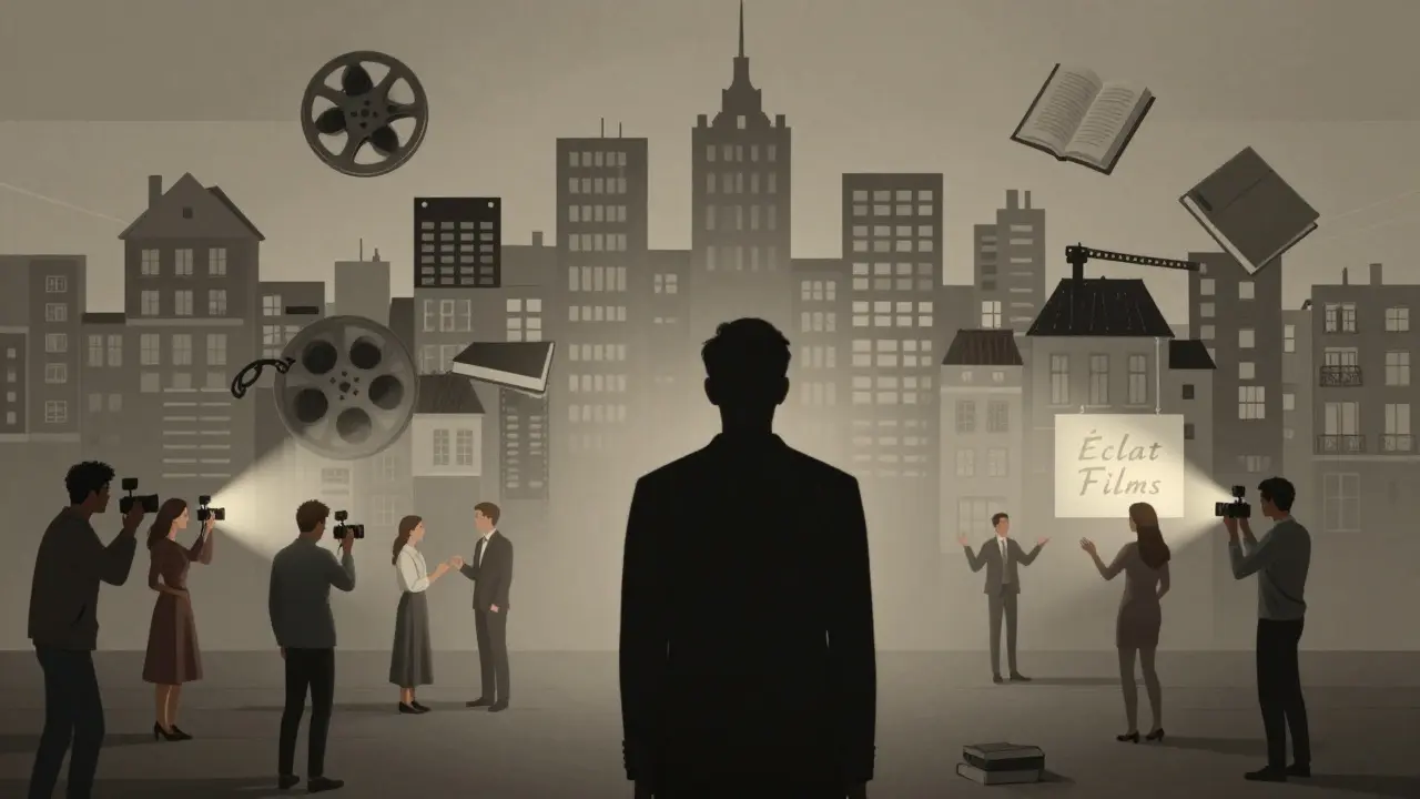 Silhouette of Titof surrounded by film reels and couples filming in real homes, symbolizing his ethical cinematic legacy.