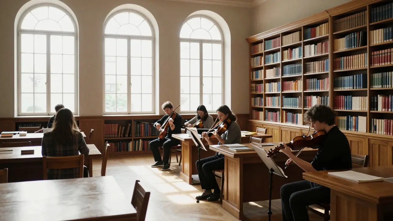 String quartet playing classical music in the serene, book-lined reading room of a Paris library.