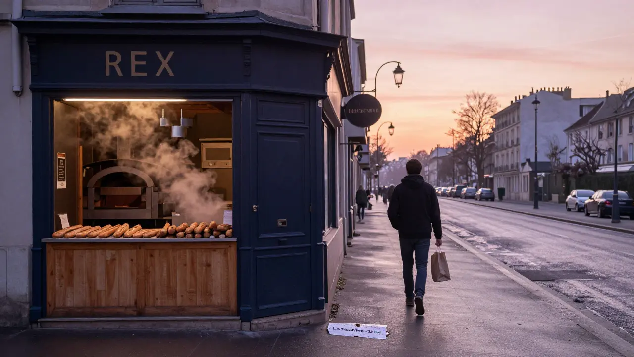 Sunrise over Canal Saint-Martin with fresh bread being prepared at a bakery across from the closed club.