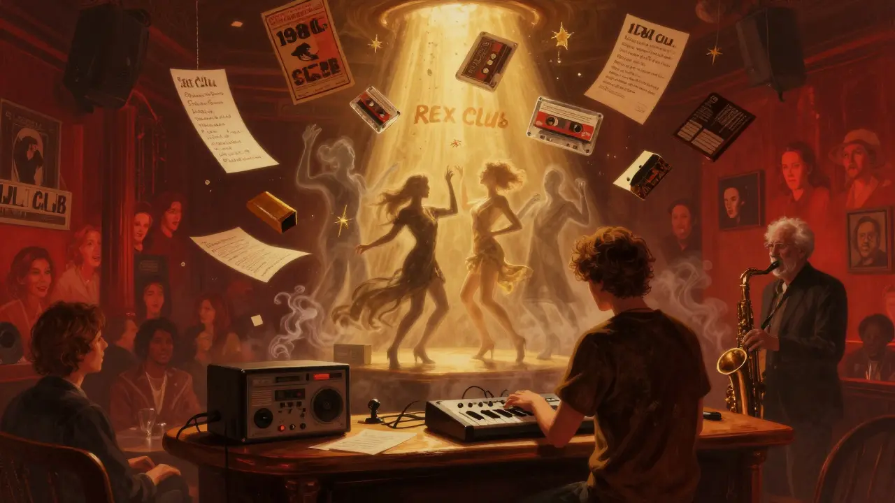 Surreal archive of Rex Club's history: floating flyers, tapes, and ghostly dancers in golden smoke.