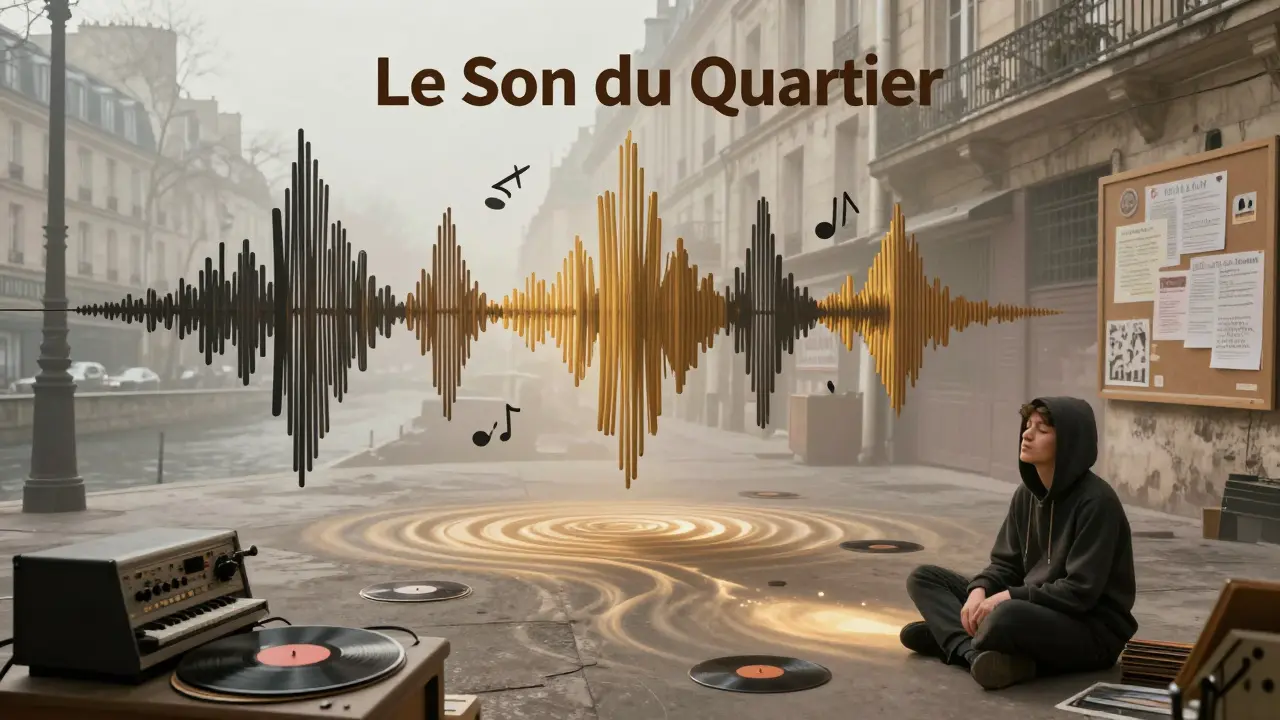 Surreal warehouse where Paris street sounds transform into glowing musical waves