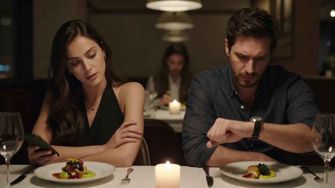 Tense date at a restaurant, woman leaning back with crossed arms, man looking anxious, expensive meal untouched.