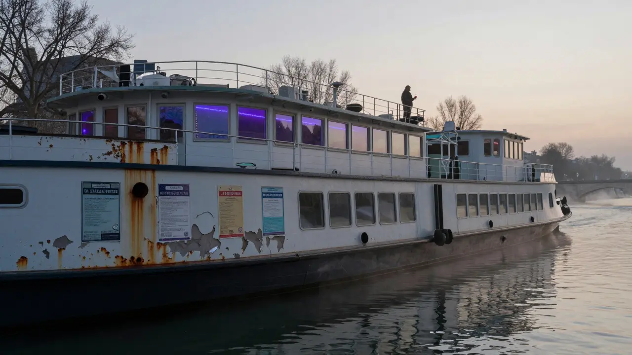 The Le Batofar riverboat at dawn, glowing softly on the Seine with mist rising around it.