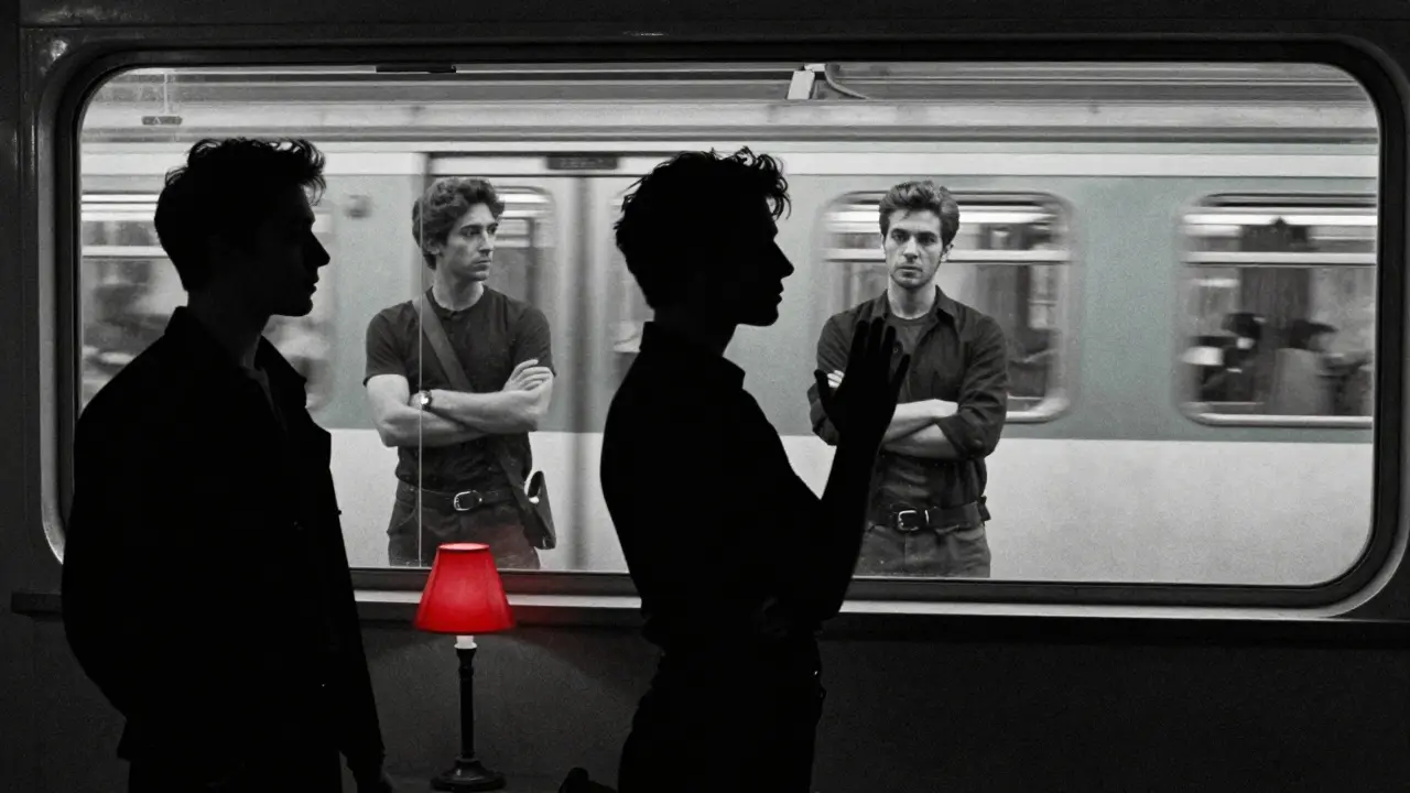Three silhouettes representing Rocco’s influence: a new performer, Rocco observing, and a Paris metro train.