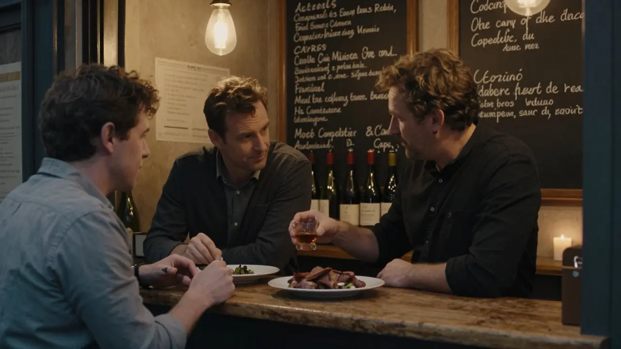 Two people at a tiny Paris bistro bar, chef handing them a glass of Armagnac, warm lighting and chalkboard menu in background.