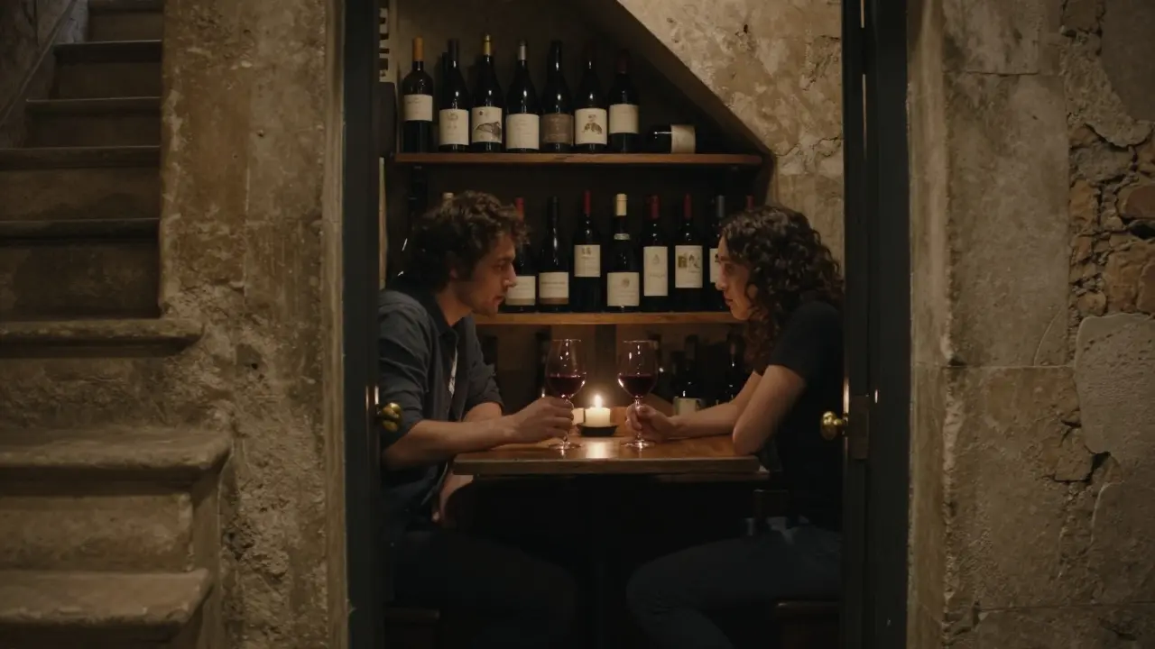 Two people enjoying wine in a hidden underground bar, candlelight glowing on wooden tables and wine bottles.