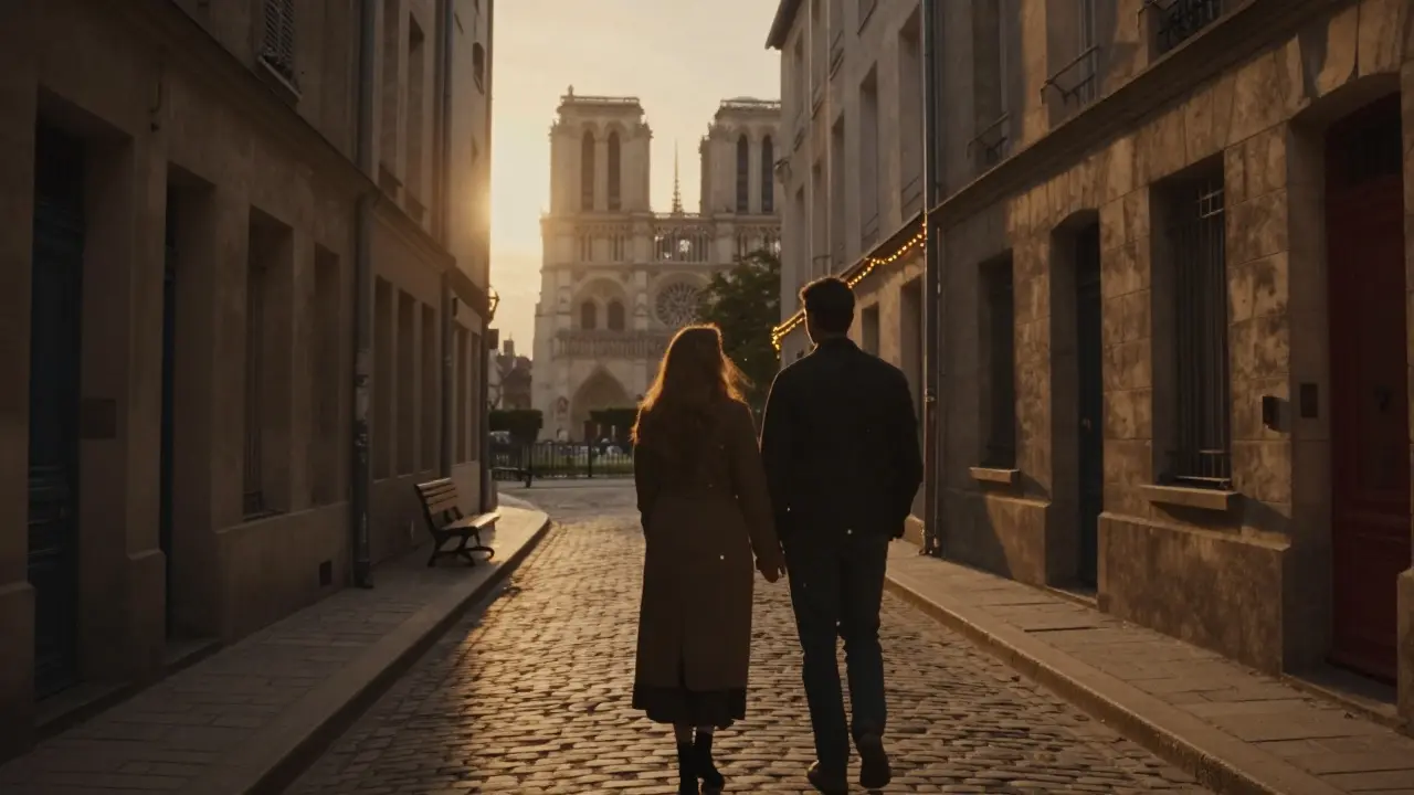 Two people standing together at sunset on Rue de la Huchette, golden light between old Parisian buildings.