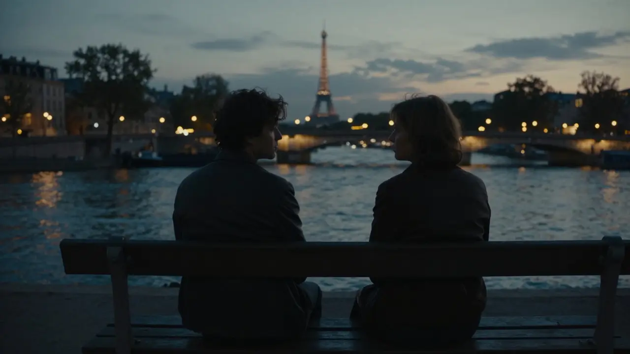 Two silhouetted figures on a Seine bench at dusk, sharing a quiet moment under city lights.