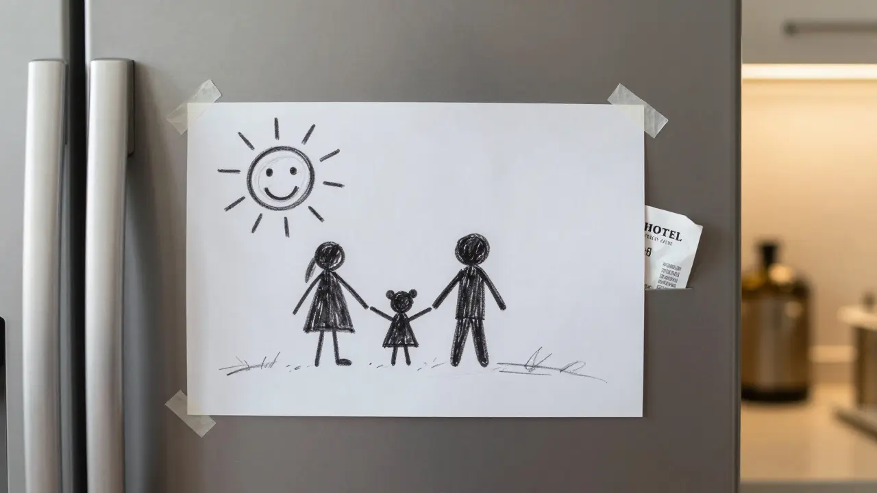 A child's drawing on a fridge with a hotel receipt visible in a coat pocket, domestic scene with hidden tension.