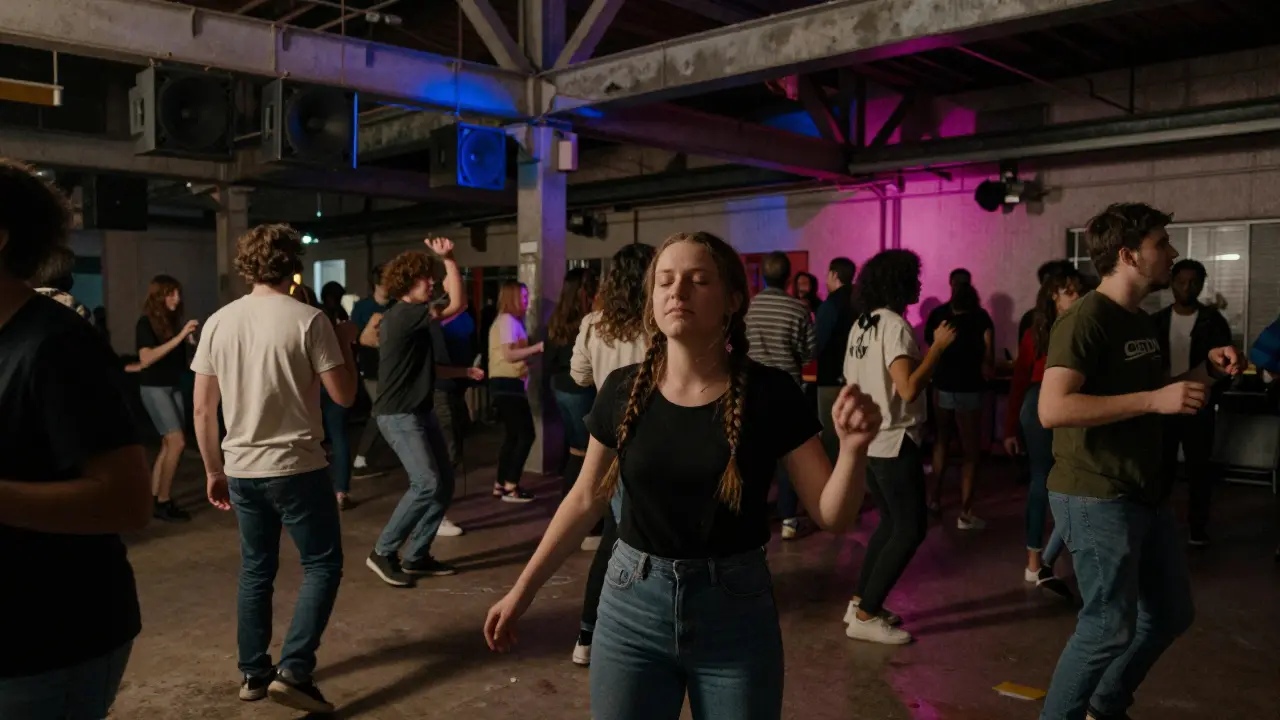 A crowd dancing in an industrial space with exposed beams and low stage lights in Belleville.