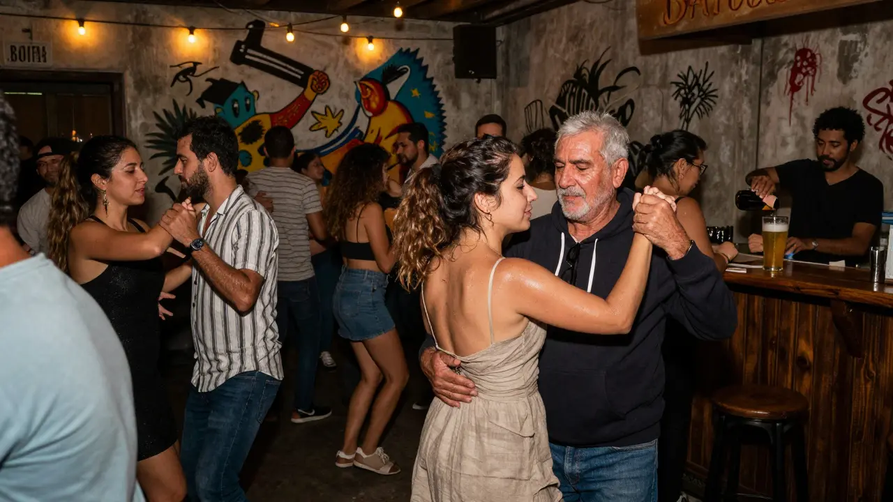 A crowded, intimate dance floor inside Batofar, people moving together under soft lights and painted walls.