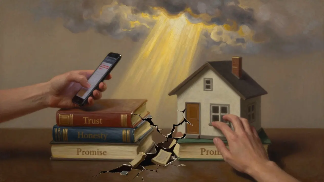 A crumbling house of trust made of books, with a phone chipping away at it, golden light above.