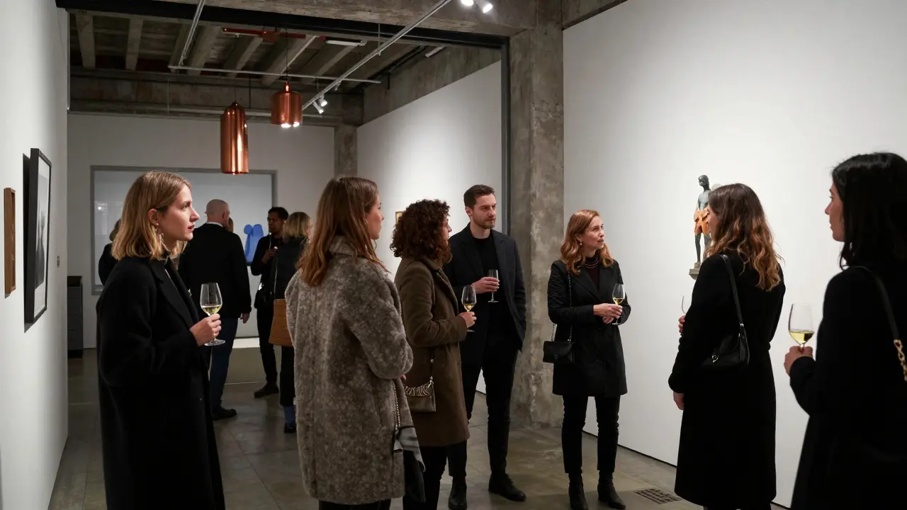 A diverse group mingling at an art gallery opening, discussing sculpture.