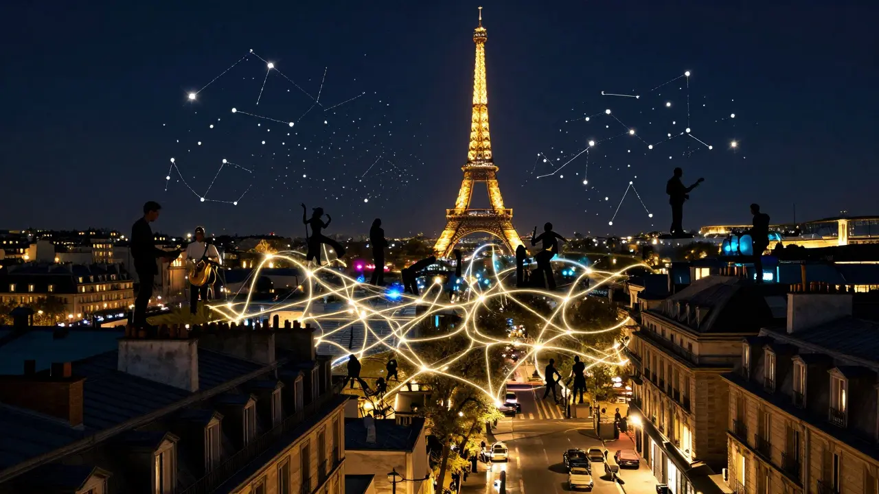 A glowing network of underground clubs pulsing through Paris streets at night, connected by music and light.