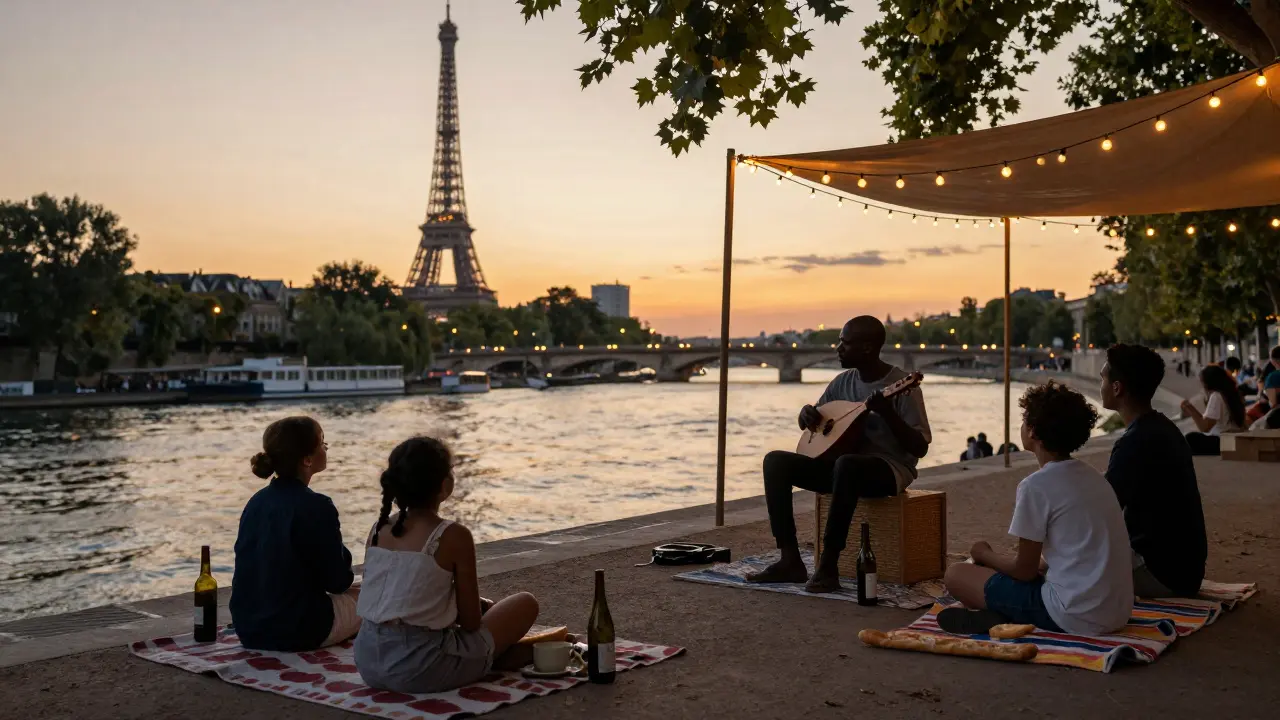 A griot plays kora at Paris Plages as people relax by the Seine at sunset.