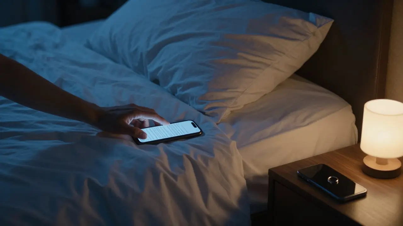 A hand turning off a phone at night beside a wedding ring on a bedside table, moonlight casting shadows.