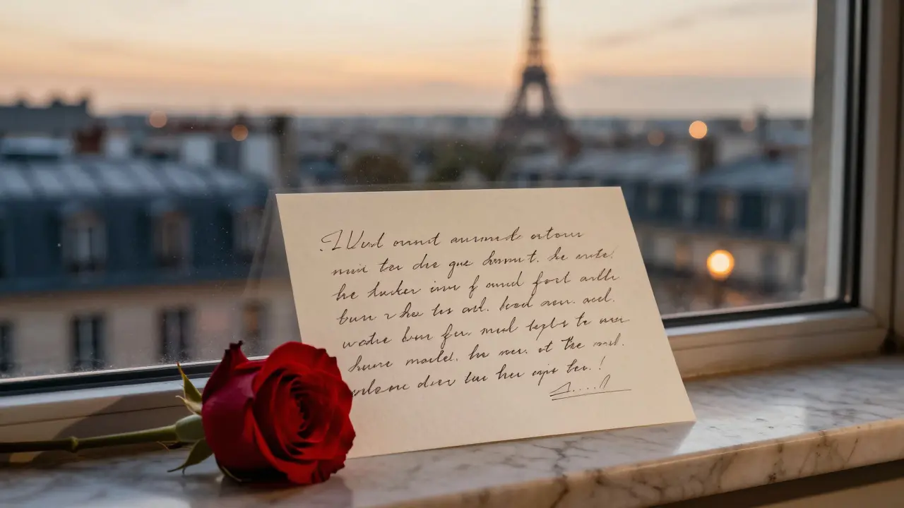 A handwritten French note with a rose on a windowsill overlooking Paris at dusk.