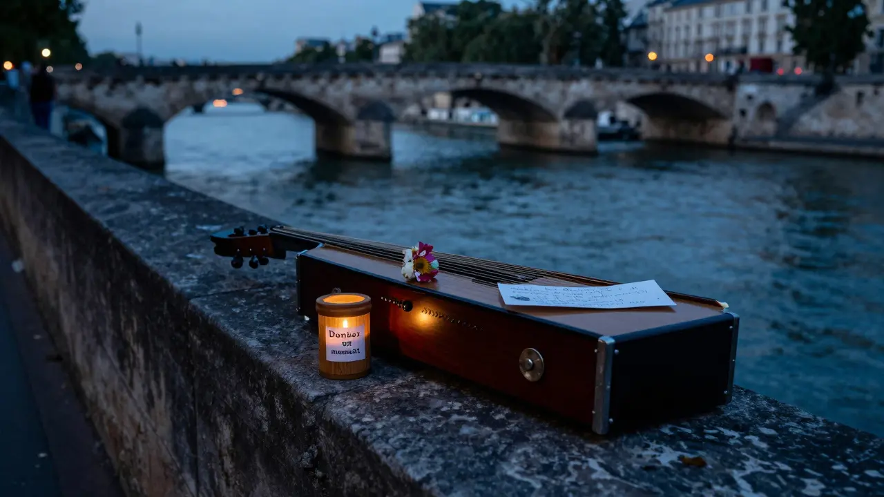 A hurdy-gurdy rests on a stone ledge near Pont Neuf with a flower and note beside a donation jar.